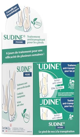 SORIFA - Sudine Poudre Traitement Anti-transpirant - Pied - Régule la transpiration - Prévient les mycoses - Sans sels d’aluminium - Fabriqué en France – Prés. 12 Btes de 6 sachets-doubles