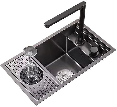 Edelstahl-Spüle mit Glaswaschbecken für Café, Restaurant, Bar, verdecktes Wohnmobil, kleine Spüle mit Abdeckung, Hebehahn, platzsparend, schwarze Spüle (55 x 32 x 23 cm)