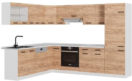 Vicco Eckküche R-Line, Küchenzeile in L-Form, Goldkraft Eiche/Weiß, 227 x 287 cm AP Anthrazit