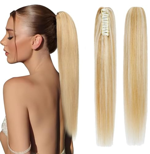 Elailite Haarteile Zopf Extensions Echthaar Pferdeschwanz Ponytail Haarverlängerung mit Klammer Remy Glatt Human Hair 55cm #18/613 Aschblond＆Gebleichtes Blond