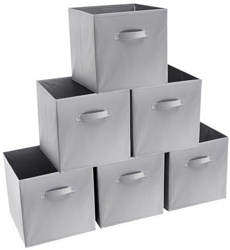 Trintion Set of 6 Cube Storage Boxes Cubes Storage Cubes Fabric Storage Boxes Foldable Storage Baskets for Closet Shelves Bedroom Organizing Clothes and Book (Gray, 27x27x28cm)