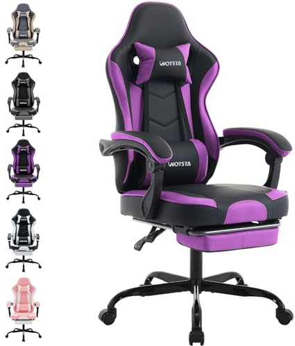 WOTSTA Gaming Chair - Silla de ordenador ergonómica para videojuegos con reposapiés, silla de oficina ergonómica con soporte lumbar, color negro y morado