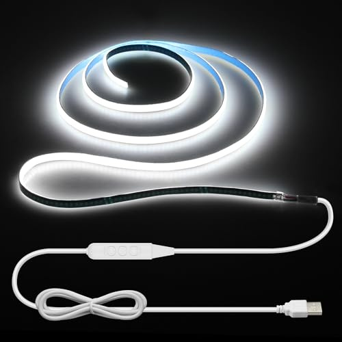 ALITOVE Bande lumineuse LED COB 5V USB 1M Ajustable 5mm Large Blanc Froid 6000K 400LEDs Bande lumineuse Autocollante avec interrupteur pour éclairage de chambre TV éclairage de fond de cuisine