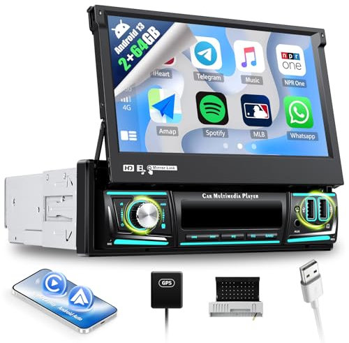 SIXWIN 2GB+64GB Android 1 Din Radio con Wireless Carplay e Android Auto,7 Pollici Manual Pieghevole Schermo Stereo con WiFi GPS Bluetooth RDS/FM EQ 2USB AUX TF Controllo del Volante