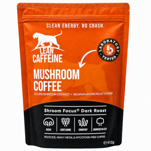 Lean Caffeine Mushroom Coffee with Lion’s Mane - Reishi - Cordyceps 412g | Real Fresh Ground Coffee NOT Instant - Lab Tested for Mycotoxins and Heavy Metals, EU Fruiting Body Mushroom Extract 412g