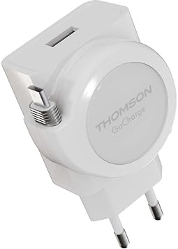 Thomson Go Charger Chargeur Rapide 22,5W avec USB-C & USB-A, Câble Rétractable 90 cm (6 Niveaux), Compatible iPhone & Android, Power Delivery, Quick Charge 3.0, Design Compact – Blanc