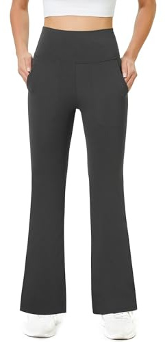 Friptspyg Pantalones de Yoga Mujer Pantalones Acampanados Elásticos de Cintura Alta con Bolsillo para Deporte y Casual, Gris Oscuro M