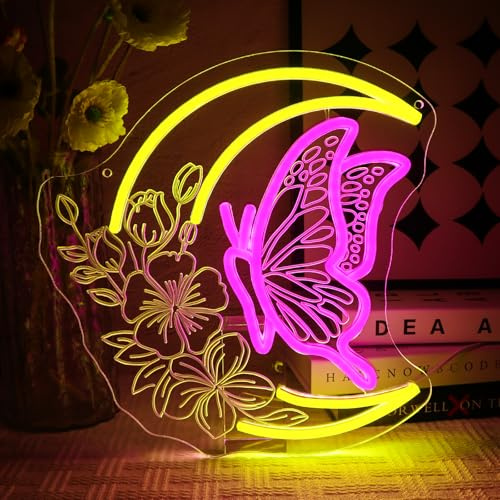 OYCGZV Mond Neon Schild Schmetterlinge Led Neonschild Wand Schmetterling Neon Sign USB Moon Led Schild für Schlafzimmer Wohnzimmer Bar Game Zone Club Party Ästhetische Heimdekoration