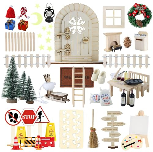 Set de Puerta de Duende Navideña para DIY, Escenario Navideño Acogedor y Mágico, Calendario de Adviento Casa de Hada, Set de Decoración para Manualidades con Chimenea