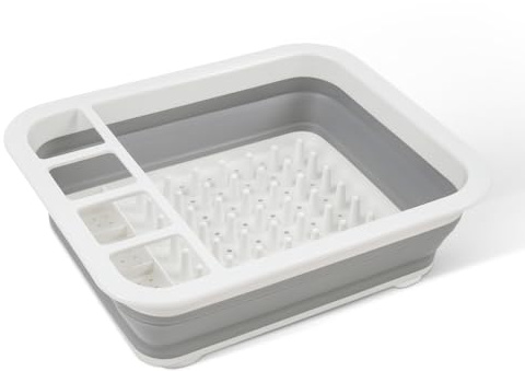 Flatro Foldable Dish Drainer Rack | Collapsible & Portable Cutlery Dryer with Utensil Holder | Space Saving TPR & PP Draining Rack | Plastic Sink Drying Rack for Plates, Cups, Pots & Pans