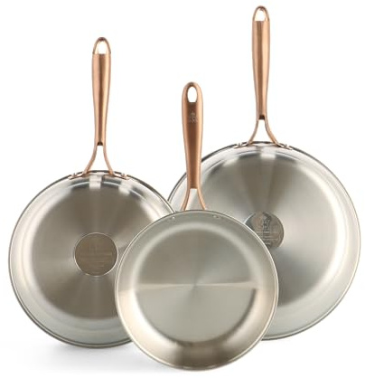 BK Rose Set di 3 Padelle in Acciaio Inox 18/10 Ø 20/24/28 cm, Senza Rivestimento e Senza PFAS, Compatibili con Induzione e Tutti i Piani Cottura, Forno 200°C, Lavastoviglie, Manici Oro Rosa