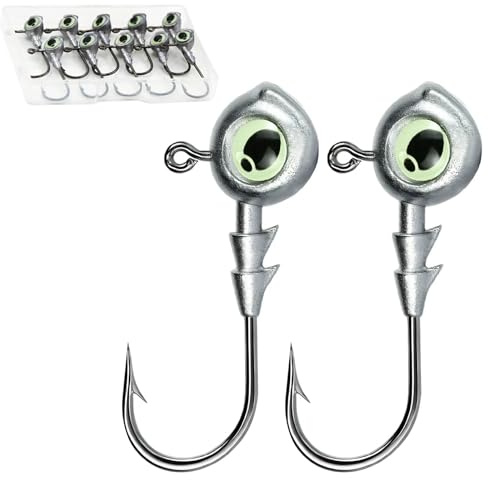 【 9 km DWLIFE】 Juego de 10 cabezas de anzuelo de cabeza de plomo de ojos verdes que brillan en la noche, 7 g, cabezas profesionales con efecto luminoso para agua dulce y agua salada, ideal como cebo