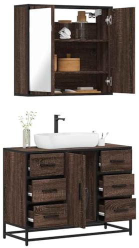 Ziaphsol 2-TLG. Badmöbel-Set, Braun Eichen-Optik, Holzwerkstoff, 80x33x60cm, Spiegelschrank & Waschbeckenunterschrank mit Metallgestell, Feuchtigkeitsbeständig, Modernes Design