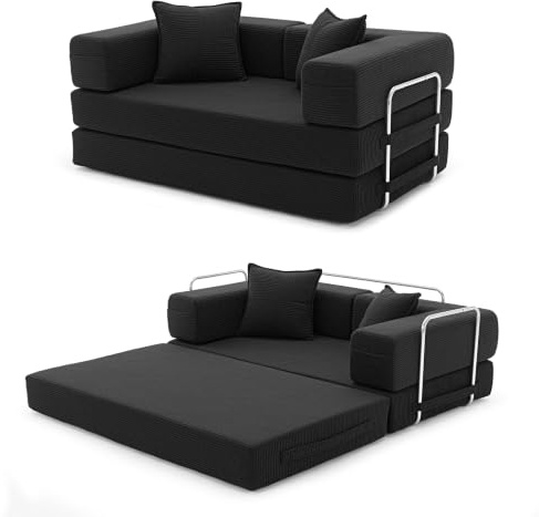 YINIX 5-in-1 Cordstoff Schlafsofa, Faltbares 2-Sitzer (Schwarz, 160 cm Breit)