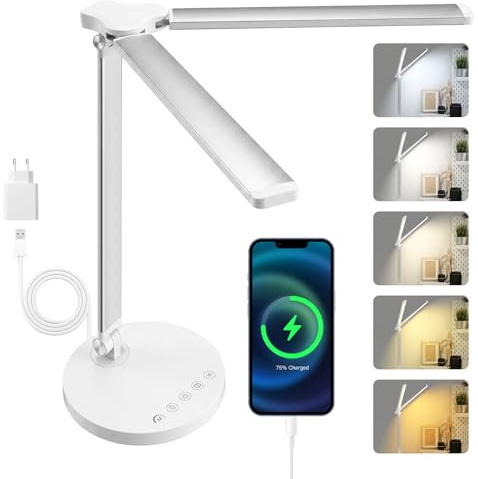 Focenat Lampada da scrivania,Lampada da tavolo,Luce da scrivania,Luce di lettura,10 livelli di luminosità,5 modalità di colore,Timer 45 min,Controllo touch,per lettura,lavoro,studiare,ufficio