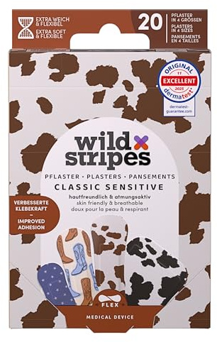 Wild Stripes Juego de tiritas Rodeo Ranch – Apósitos para heridas para niños y adultos con estampado de vaquero, sensibles y respetuosos con la piel, resistentes al agua, protección 24 horas, tiritas