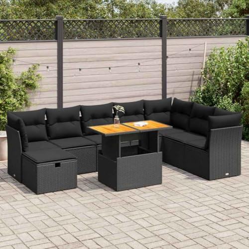 Ziaphsol 9-delat trädgårdsmöbelset med kudde svart poly rotting loungegrupp matgrupp balkongmöbler utemöbler utomhus stolsuppsättning soffa fåtölj bänk bord pall