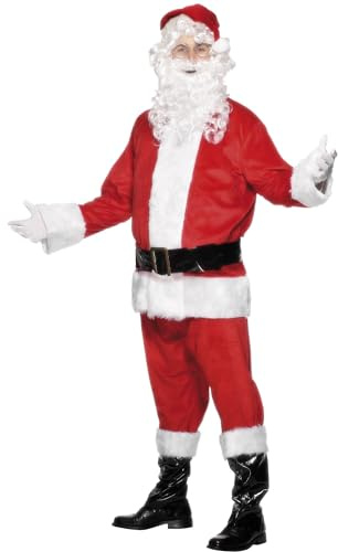 Smiffys Deluxe Santa Costume for Men, Complete Red & White Father Christmas Outfit Jacket, Trousers, Belt, Hat, Boot Covers & White Beard, Festive Fancy Dress Costume for Xmas Parties & Events, Small