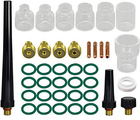 RIVERWELD Cuerpo de pinza de lente de gas TIG 13N21 45V42 (1,0 mm) 13N22 45V43 (1,6 mm) 45V44 13N23 (2,4 mm) 45V45 13N24 (3,2 mm) Copa de vidrio No.4 WP 9 20 25 Antorcha de soldadura TIG 39 piezas