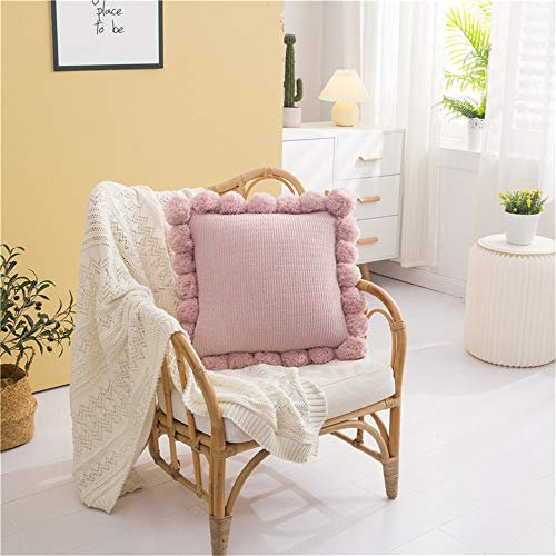 Nicole Knupfer Throw Kissen Gestrickte Makramee Kissen mit Pom Poms Quaste weich handgemachte dekorative für Couch Sofa Büro Lounge Wohnkultur 45 * 45cm (Rosa)