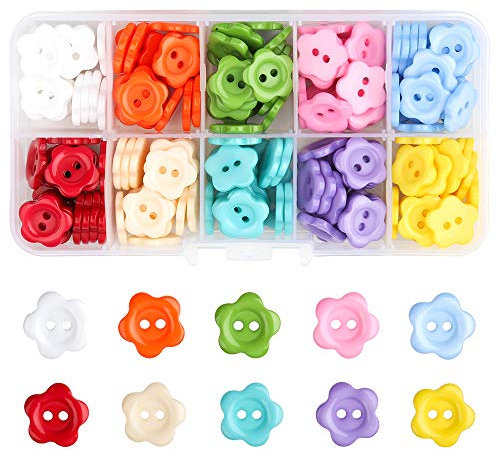 200 Stück Bunte Knöpfe, Bunt Knöpfe zum Annähen 15mm 2 Löcher Kinderknöpfe Blumenform Runde Kunstharz Bastelknöpfe mit Aufbewahrungsbox für Nähen Handstehendees DIY