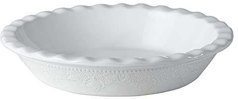 Fun Elements Pie Pan, 9 Inch Ceramic Pie Dish, Deep Dish Pie Pan with Lace Emboss, Ruffled Pie Plate for Baking, Thanksgiving Christmas Gifts(Bright White)