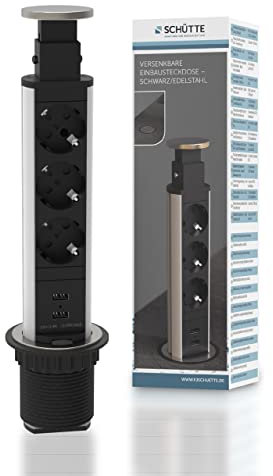 SCHÜTTE, ciabatta elettrica a scomparsa per piano di lavoro (2 prese USB e 3 prese da 230 V), presa a incasso per cucine da attrezzare, da tavolo, in acciaio inox, 3073