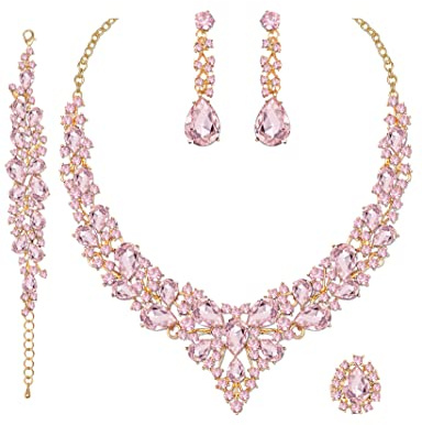 CSY 4 Pcs/Set Austrian Crystal Necklace Earrings Bracelet Ring Bridal Jewelry Sets for Brides Wedding Party Costume Accessories Gifts for Women, Metal, crystal Rhinestone