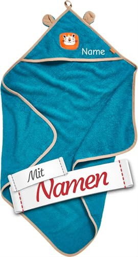 LALALO Playshoes Tiger Kapuzenhandtuch mit Namen bestick, Baby Badetuch personalisiert, Geschenk zur Geburt und für die Kita, 100x100 cm, 100% Baumwolle, Hängeschlaufe