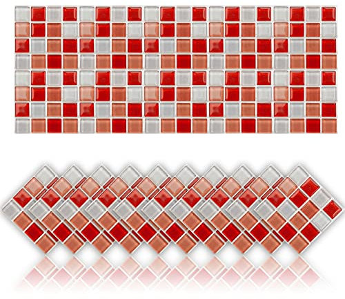 Cendray 20 Pezzi Adesivi per Piastrelle,Antiolio Impermeabile PVC Autoadesivo Decorazione,Stile Mosaico Cucina Adesivi per Piastrelle per Bagno (10x10cm,Rosso)