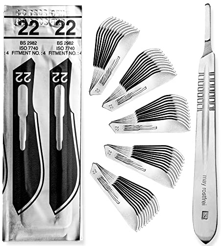 May Set: 50x Skalpellklinge Figur 22 & Skalpellhalter Nr. 4 Edelstahl | Steriles Vorrats-Set inklusive Zubehör für präzise Arbeiten in der Podologie