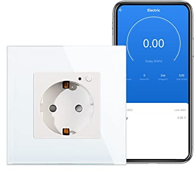 CNBINGO WLAN Schuko Steckdose unterputz mit Strommessung, 16 Amp Glas Smart Steckdose Arbeit mit Alexa(Echo, Echo Dot), Google Assistant, Nur 2.4 GHz WiFi, 1 Fach, Weiß, 1er Pack