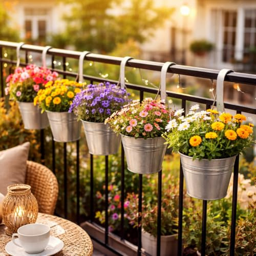 DRULINE 6er Set Blumentopf hängend - Hängetopf - Pflanztopf - Übertopf - Hängeblumentopf - Metall - Ø 13 cm - mit abnehmbaren Haken Silber Farben