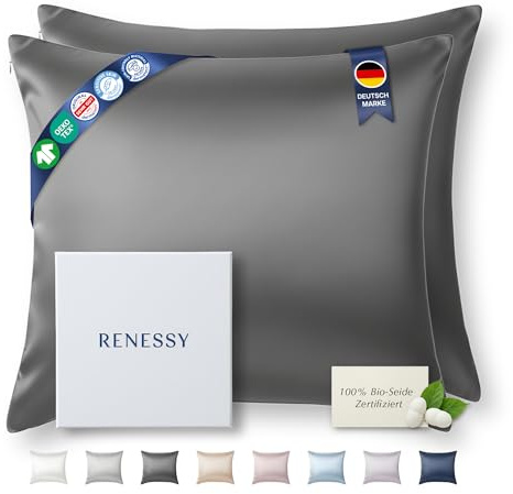 RENESSY Kissenhüllen aus 100% Bio-Seide 40x40 cm (2-Pack) - 22 Momme Maulbeerseide, Güteklasse 6A, Oeko-Tex zert. in Deutschland - Luxus für Haar und Haut (Graphitgrau)