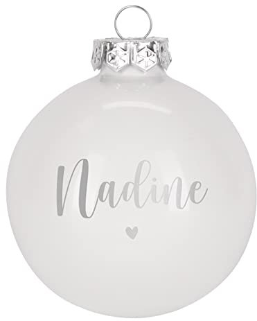 Herz & Heim® Weihnachtskugel aus Glas mit persönlicher Gravur/Rot oder Weiß/Matt oder Hochglanz/Ø 8 oder 10 cm/Verschiedene Motive Ø 8 cm, Weiß Hochglanz, mit Herz