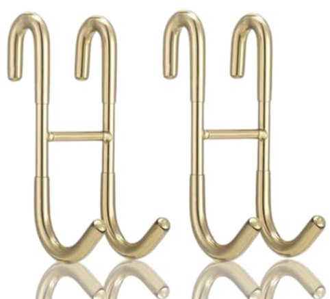 GOWEILE 2 Pack Shower Hooks - Towel Hanging Stainless Steel Over Door Hooks S Shaped for Kitchen, Bathroom (Gold)