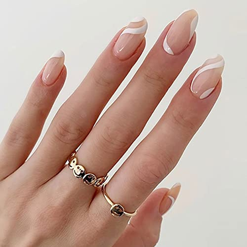 Ceboic Mandel Nägel Zum Aufkleben Kurz, 24 Stück Weiß Wirbel French Nude Falsche Nägel Press on Nails, Glossy Oval Kunstnägel mit Designs Acrylnägel für Frauen und Mädchen