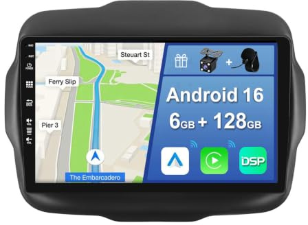 YUNTX [6GB+128GB] Android 16 Autoradio für Jeep Renegade 2015-2018-[Integriertes CarPlay/Android Auto/DSP/GPS]-9”IPS 2.5D-Kamera+MIC-DAB/Mirror Link/Bluetooth 5.0/360 Kamera/Lenkradsteuerung