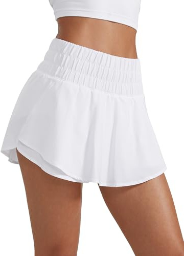 CRZ YOGA Ruffle Skirt Overlay Athletic Shorts for Women - High Waisted Flowy for Workout Running Tennis with Zip Pocket White Medium