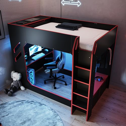 Flair Furnishings Recoil - Small Double High Sleeper Bed for Kids, Gaming Bed with Desk and LED Lighting, Heavy Duty and Sturdy, TV Compatible, Space-Saving Design (Black)