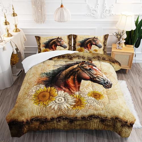 Ailonen Horse Comforter Set - Twin Size Vintage Boho Horse Printed Bedding Set - Farmhouse Sunflowers Duvet Set, 3 Pieces (1 Quilt, 2 Pillowcases)