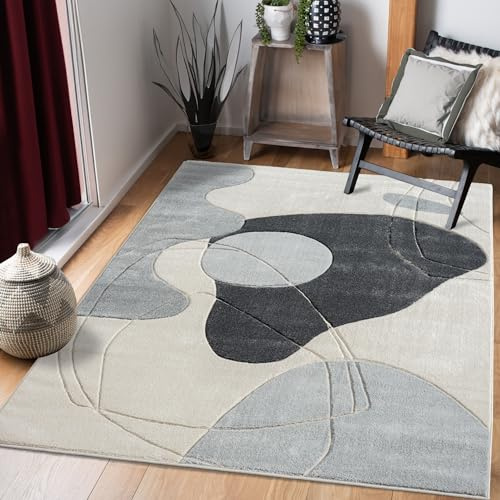payé Teppich Wohnzimmer Kurzflor Beige Grau - 120x170cm - Boho Abstraktes Design Modern Skandinavisch Wohnteppich Schlafzimmer