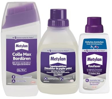 Metylan Raufaser Fertigkleister Konzentrat (1x500g) & Metylan Bordüren Klebstoff (1x250g) & Metylan Tapetenablöser Aktiv-Konzentrat, löst schnell und problemlos (1x0,5l)