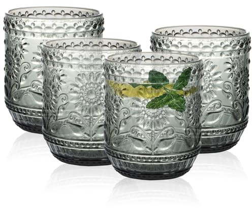 Ulable Drinking Glasses Set of 4-360ml/12oz Vintage Tumbler Glasses - Decorative Floral Embossed Water Glasses - Heavy Duty Glassware Beverages Tumblers for Whisky, Beer, Juice, Wine, Grey | Decorative Floral Embossed Water Glasses - Heavy Duty Glassware Beverages Tumblers for Whisky, Beer, Juice, Wine