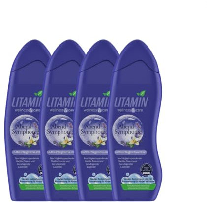 4er Pack LITAMIN Abendsymphonie Duft-Pflegeschaumbad (4 x 750ml) - mit Lavendel & Vanille-Essenz reinigt sanft und enthält keine Mikroplastikpartikel, ist paraben- und silikonfrei
