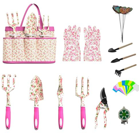 MYMULIKE Gartenwerkzeug Set, 26-teiliges Gartengeräte für Frauen, Garten Hand Werkzeuge mit Gummigriff und Oxford-Tasche, ideale Gartengeschenke für Frauen und Männer