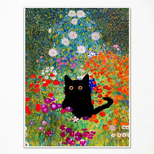 GAINOW Gustav Klimt Leinwand-Wandkunst, Schwarze Katze Gartenblume Poster, lustiger Katzen-Blumendruck, bunte abstrakte ästhetische für Schlafzimmer Badezimmer 30x40cm ungerahmt