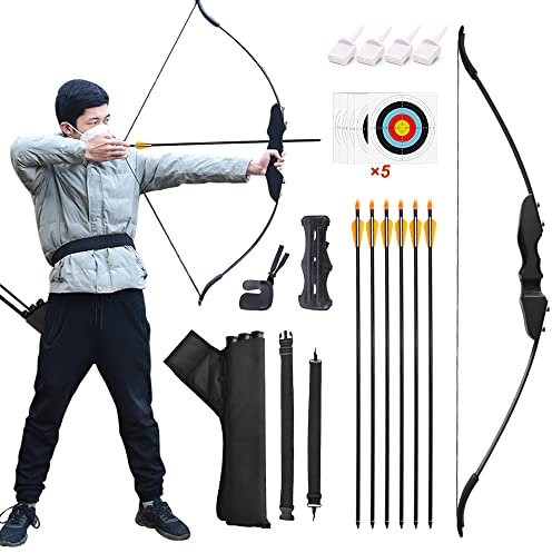 Runzkzy Recurve-Bogen und Pfeil-Set, Bogenschießen Recurve-Bögen für Erwachsene, Takedown Recurve-Bögen mit Köcher und Bogenschießen Ziele für Anfänger Outdoor-Schießen Praxis (Schwarz)