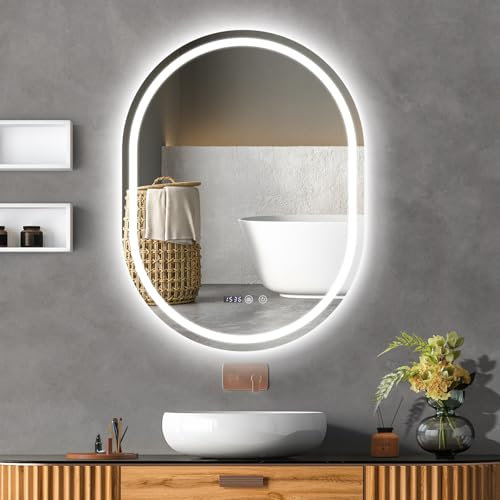 YU YUSING Specchio Bagno con Luce LED, Ovale, 60x80cm, 3 Colori, Luce Regolabili, Specchio da Parete, con Interruttore Touch e Funzione Antiappannamento, Visualizzazione del Tempo, IP44