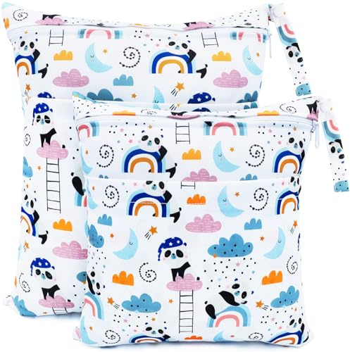 CHEESANHERR Borsa per Pannolini Lavabile, 2 Pcs Wetbags, Borsetta Porta Organizzatori Impermeabile Riutilizzabile, Neonato Sacchetto del Pannolino con Doppia Cerniera Viaggi Gym (Panda Bianco)